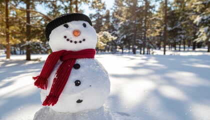 Fototapeta premium Cheerful snowman with red scarf welcomes winter in a snowy forest, evoking the joy of the holiday season and winter fun for seasonal promotions