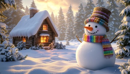 Obraz premium Magical winter wonderland with cozy cabin and cheerful snowman ready for the holidays, perfect for Christmas cards and winter promotions