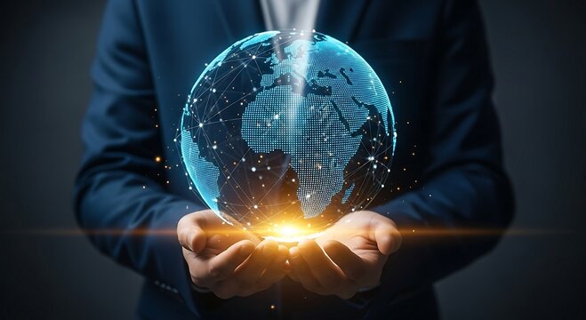 Businessman holding glowing globe network connection in his hands.