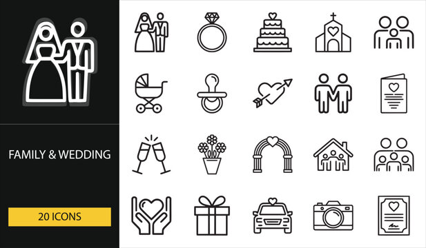 Family and wedding icon set with marriage, love, celebration, and parenting symbols. Perfect for invitation design, event planning, and family visuals