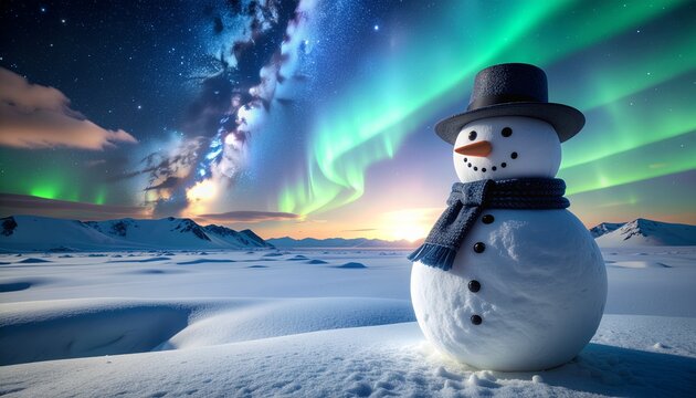 Festive snowman enjoys the magical aurora borealis under a starry winter sky in a snowy landscape, perfect for holiday greetings and winter wonder