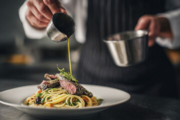 Close up of a professional cook pouring flavorful sauce over a plate of pasta topped with steak in a busy kitchen environment during dinner service