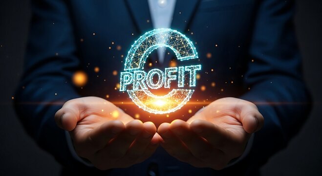 Businessman presenting glowing digital profit symbol representing financial success and growth.