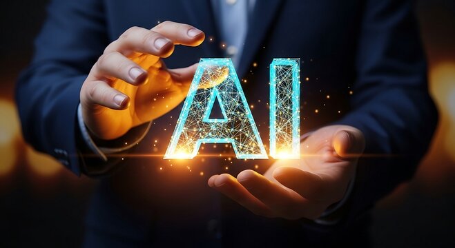 Businessman holding glowing AI text, artificial intelligence concept.