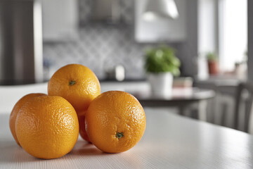 Fresh, vibrant oranges rest on a clean kitchen table, enhancing the bright atmosphere of the modern kitchen. Natural light streams in, highlighting their color