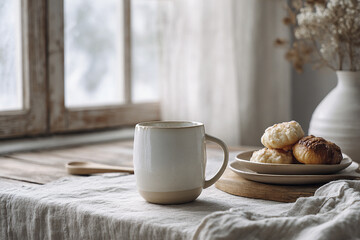Warm light filters through a window, illuminating a simple table set for a tea party. A white mug sits beside a plate of pastel-colored pastries, creating a serene atmosphere