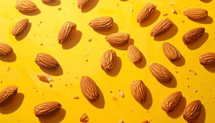 Almonds Scattered on a Bright Yellow Surface, Creating a Playful Abstract Arrangement