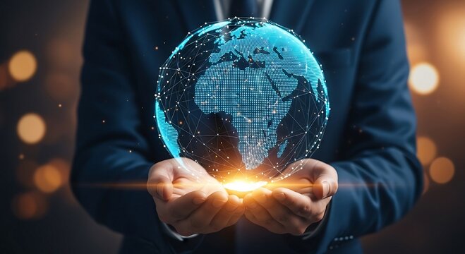 Businessman holding a glowing digital globe in his hands representing global business and technology.