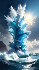 A vibrant, dynamic illustration depicts a colossal wave cresting, with sun illuminating clouds in a seascape