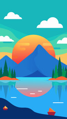 Mountain landscape with lake and sun illustration
