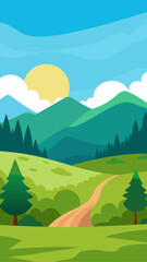 Fototapeta premium Cartoon landscape with mountains sun and winding path