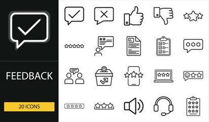 Feedback icon set with rating, comment, review, and communication symbols. Ideal for UX design, surveys, customer support, and business analysis visuals