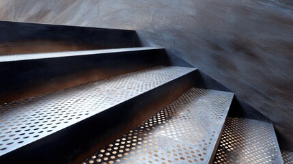Set of stairs with a dark grey concrete wall on one side and a metal grate on the other side. the grate is made up of small, circular holes that are arranged in a grid-like pattern.
