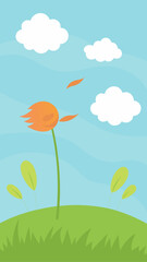 Cartoon flower on a hill with clouds in the sky art