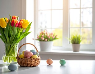 A vibrant Easter scene showcasing colorful eggs nestled in a woven basket and fresh tulips in a glass vase, near a sunlit window