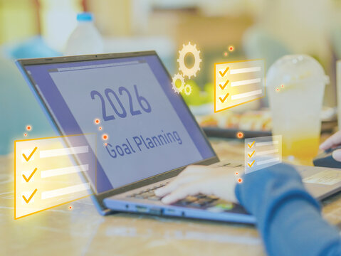 Young professionals remote work at workplace cafe concept 2026 New beginnings goal planning digital transformation. Businesswoman using AI brainstorming future technology. Road map Leadership strategy