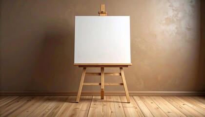 Blank canvas on wooden easel in a warm-toned room, perfect for artistic concepts