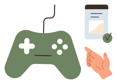 Green game controller, document with checkmark, and pointing hand highlighting rules and guidelines. Ideal for gaming, instructions, approval, learning, interaction, play simple flat metaphor