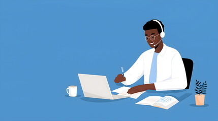 Young black man studying with laptop and taking notes at desk, illustration style