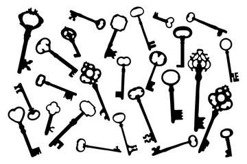 Vintage romantic keys silhouettes. Clip art on white background