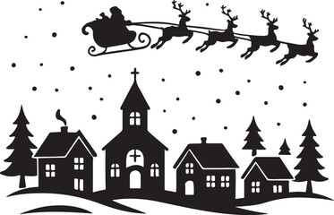 Charming winter village scene with santa claus flying in sleigh silhouette vector
