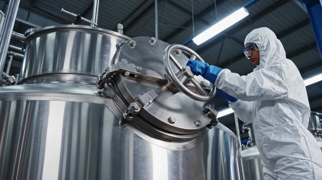 Worker in Hazmat Suit Closing Stainless Steel Tank in Factory
