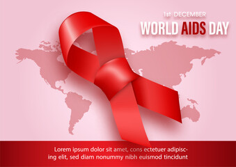 Awareness giant red ribbon with the day and name of event, example text and symbol of virus on world map and pink background. World AIDS day poster's campaign in vector design.