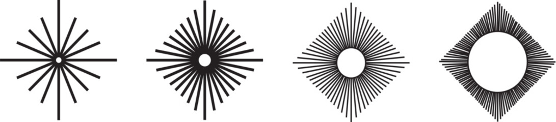 STRAIGHT RADIAL LINE IN RHOMBUS SHAPES, SET OF DIMOND SHAPED SUNBURST ICONS, SOLAR SIGNS. RADIANCE, SPIN, EXPLOSION OR FIREWORK SYMBOLS ISOLATED ON WHITE BACKGROUND. VECTOR GRAPHIC ILLUSTRATION