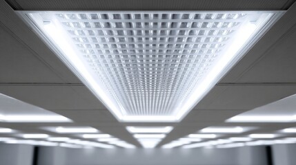 Modern ceiling with a unique design. the ceiling is made up of a series of rectangular panels arranged in a grid-like pattern. the panels are white and appear to be made of metal or plastic.