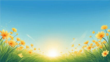 Summer landscape with grassy meadow under sunny sky and trees