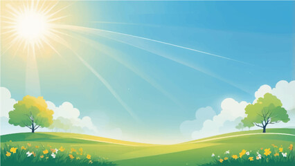 Summer landscape with grassy meadow under sunny sky and trees