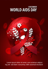 Red ribbon with decorated plants and wording of event on global and red blood cells with red background. World AIDS day poster's campaign in paper cut and 3d style with vector design.