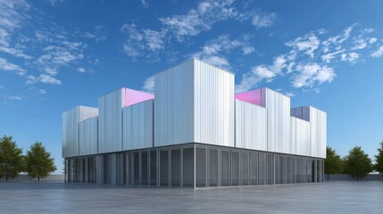 3d rendering of a modern building with a blue sky and white clouds in the background. the building appears to be a two-story structure with a flat roof and multiple levels.