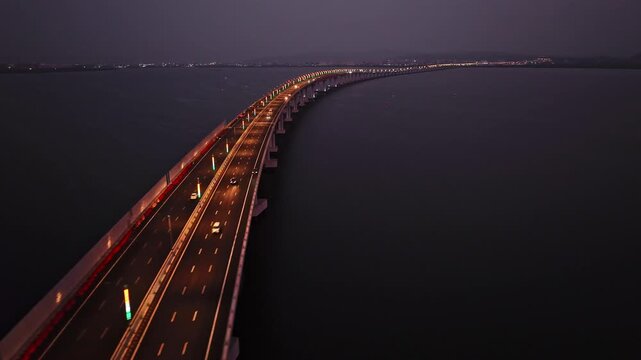 India's Longest Sea Bridge 'Trans-Harbour Sea Link. Nhava Sheva-Sewri sea bridge or Atal Setu in Mumbai, Maharashtra, India. A city at night.