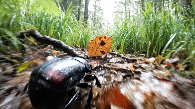 Tumblebug Rolling Over Wet Forest Floor After Rain. First-Person FPV  - Generative AI
