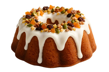 Homemade Bundt Cake Topped with White Icing Dried Fruits and Mixed Nuts