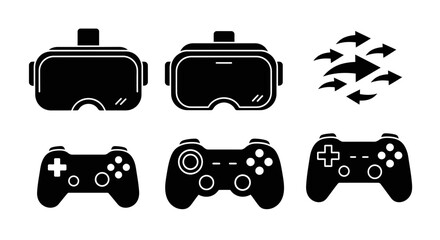 Immersive virtual reality headset and dynamic game controllers represent modern digital entertainment and gaming experiences. © sardi