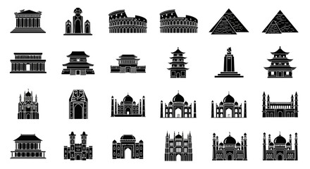 Discover iconic global landmarks and architectural marvels beautifully rendered as striking black and white silhouette icons perfect for travel or history projects.