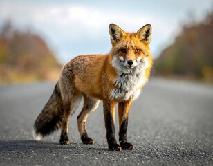 Fototapeta premium A vibrant fox, with reddish-orange fur and a bushy tail, stands confidently on an asphalt road with blurred autumn trees