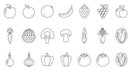 Vibrant collection of fresh fruit and vegetable icons perfect for healthy eating guides, recipes, and dietary information visuals