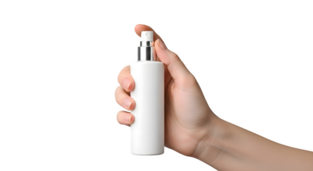 Hand holding white spray bottle isolated on transparent background