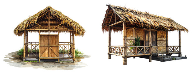 Traditional Nipa Hut with Bamboo and Thatch Roof Isolated on White Background
