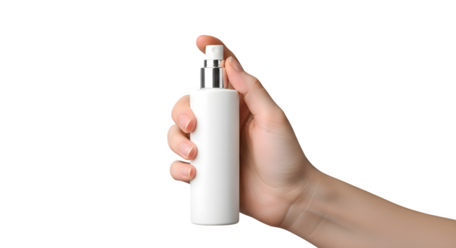 Hand holding white spray bottle isolated on transparent background
