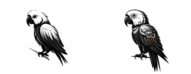Black and White Parrot Illustration Isolated on Transparent Background