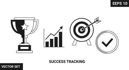 Celebrate achievements with winning trophies, analyze growth charts, hit targets with arrows, and confirm success with checkmarks for ultimate business triumph.