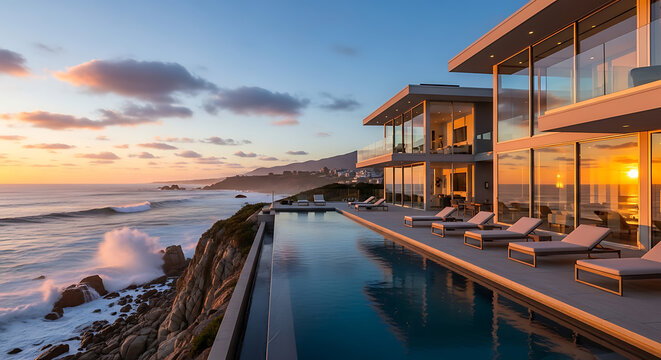 Modern luxury villa with infinity pool on a cliff overlooking the ocean at sunset, showcasing upscale architectural design and tranquil coastal living.