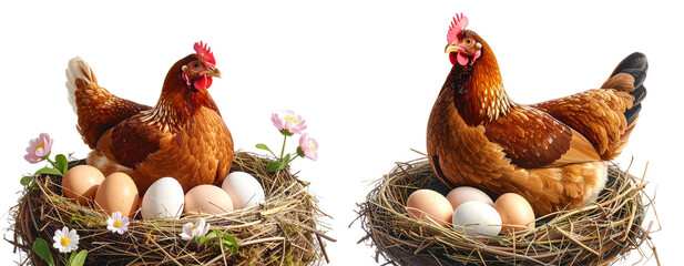  Brown Hen with Eggs in Nest and Spring Flowers Isolated on Transparent Background