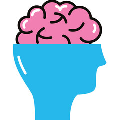 Stylized Blue Human Head Silhouette Revealing Pink Brain Illustration With Black Outline on Transparent Background