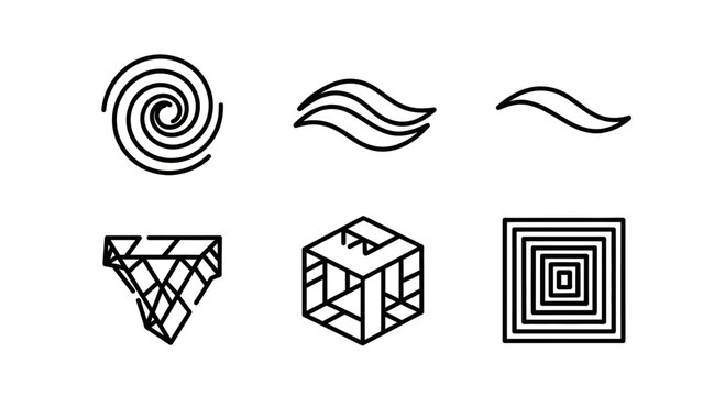 Abstract geometric shapes and minimalist icons representing concepts like growth, flow, structure, and precision for modern branding and design projects.