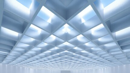 3d rendering of a modern ceiling with a geometric pattern. the ceiling is made up of multiple square-shaped panels arranged in a grid-like design, creating a diamond shape.